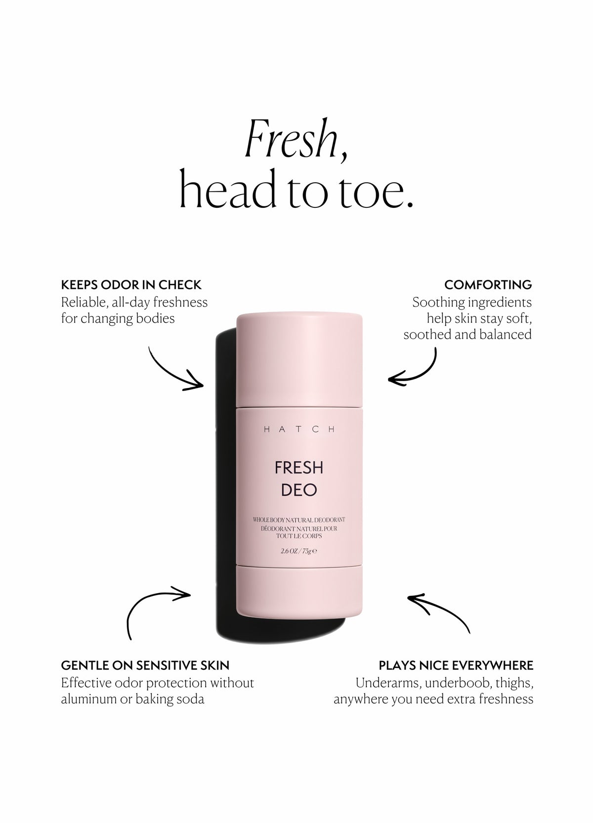 Tall cylindrical pink spray bottle labeled Fresh Deo with black text and minimalist design.