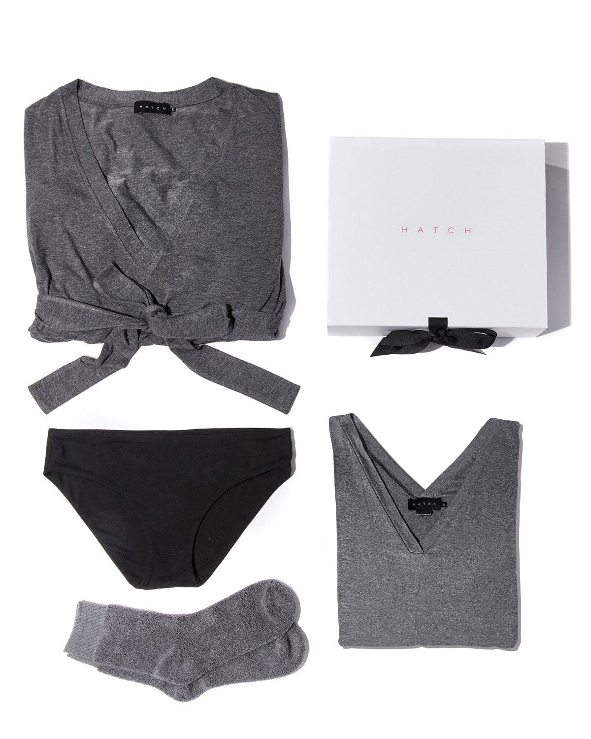 Hatch-To-Hospital Box - Charcoal maternity nursing robe and shorts set with soft drape, designed for pregnancy and postpartum comfort.