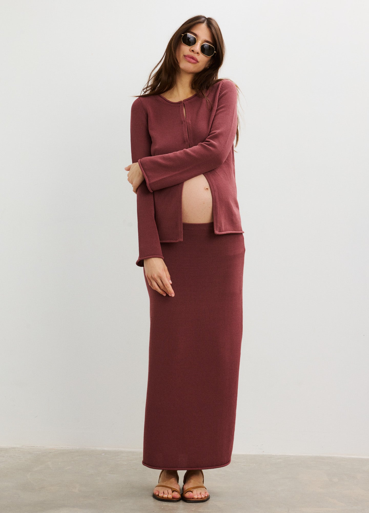 Mauve ribbed maternity maxi skirt with matching long-sleeve top, soft stretch fabric, relaxed fit.