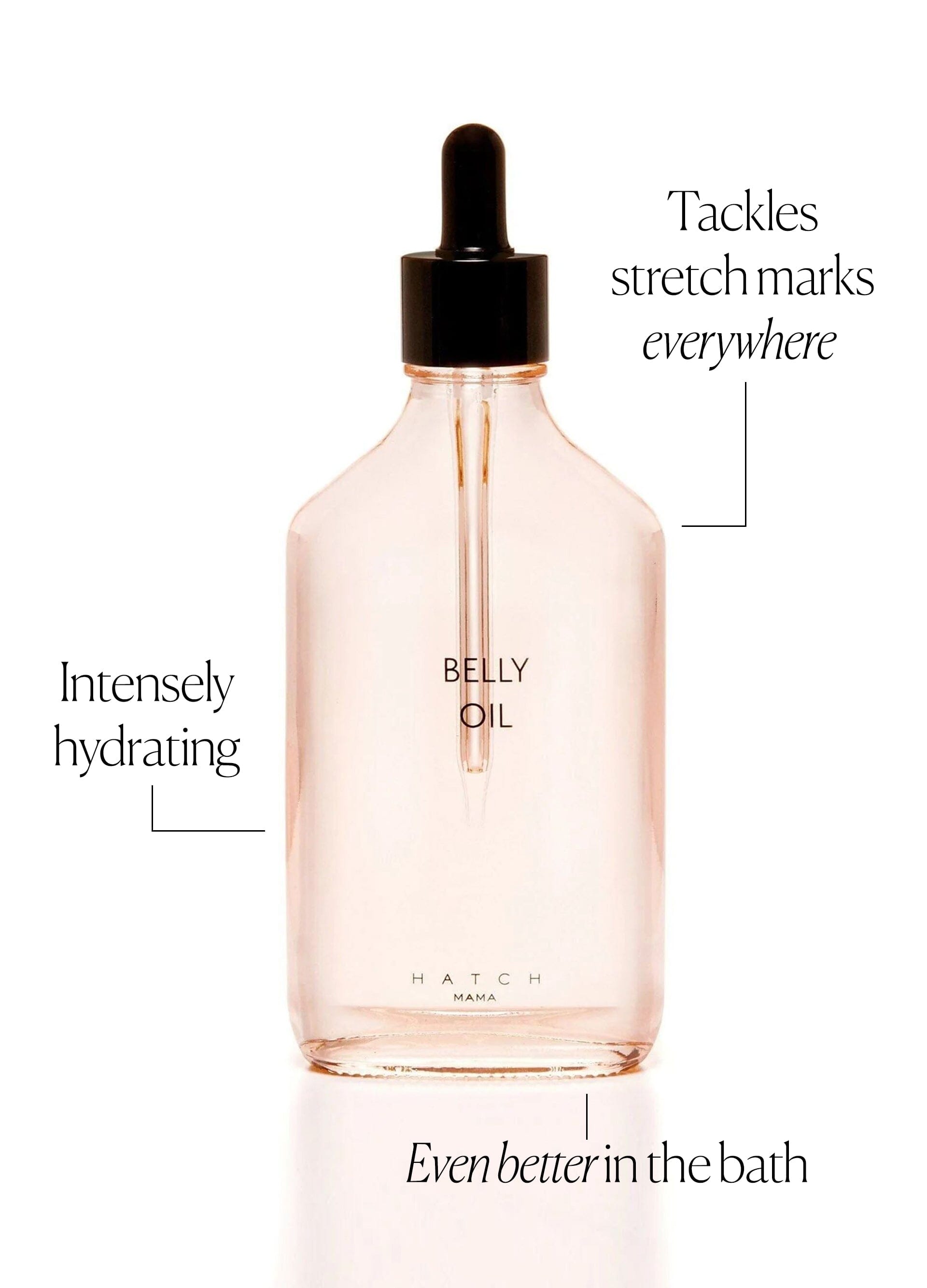 Belly Oil (Copy) - Clear glass bottle of maternity belly oil with soft pink liquid, designed for pregnancy, nursing, and postpartum care next.