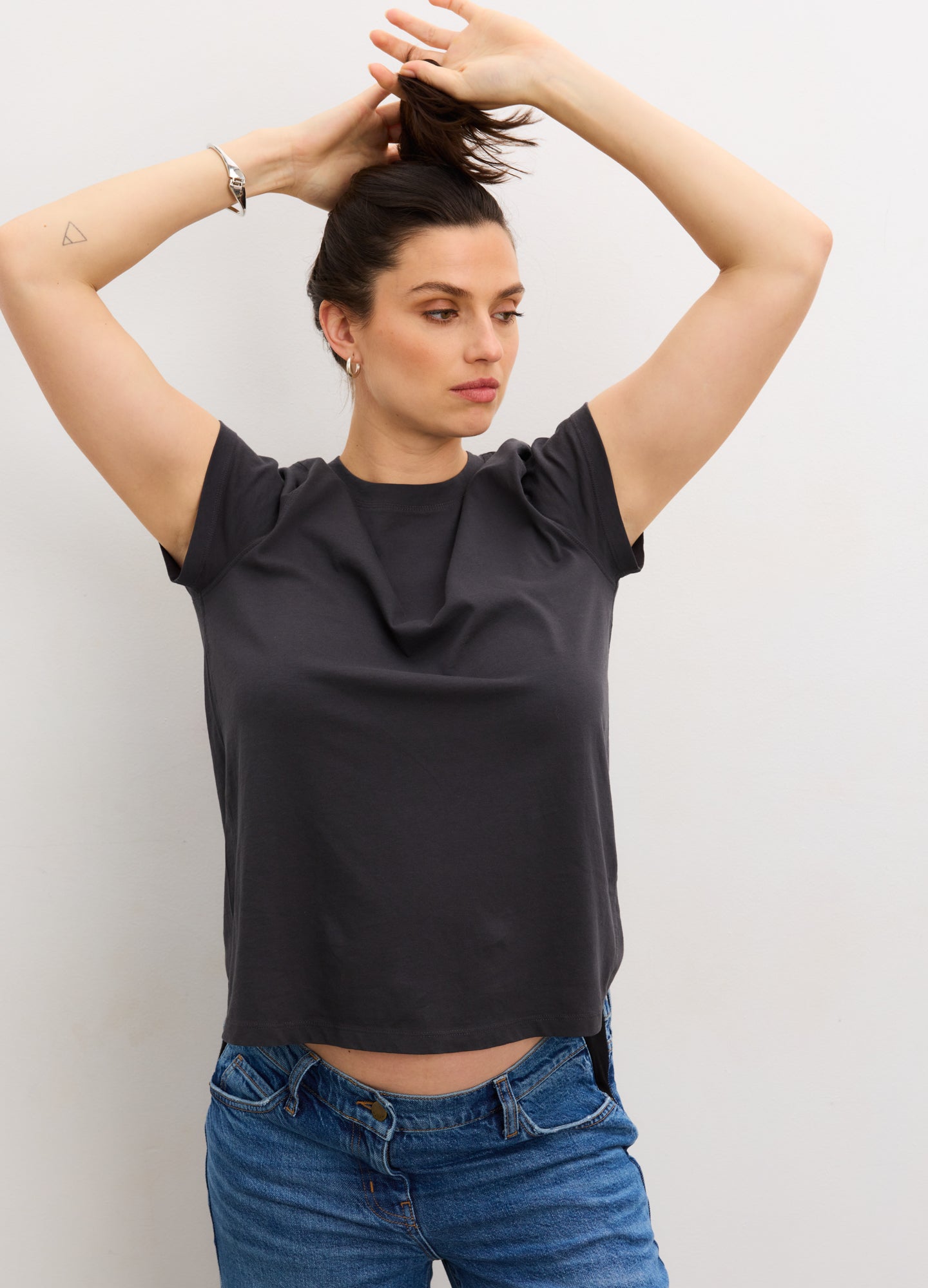 Dark gray washed cotton maternity crew neck t-shirt with short sleeves and relaxed fit.