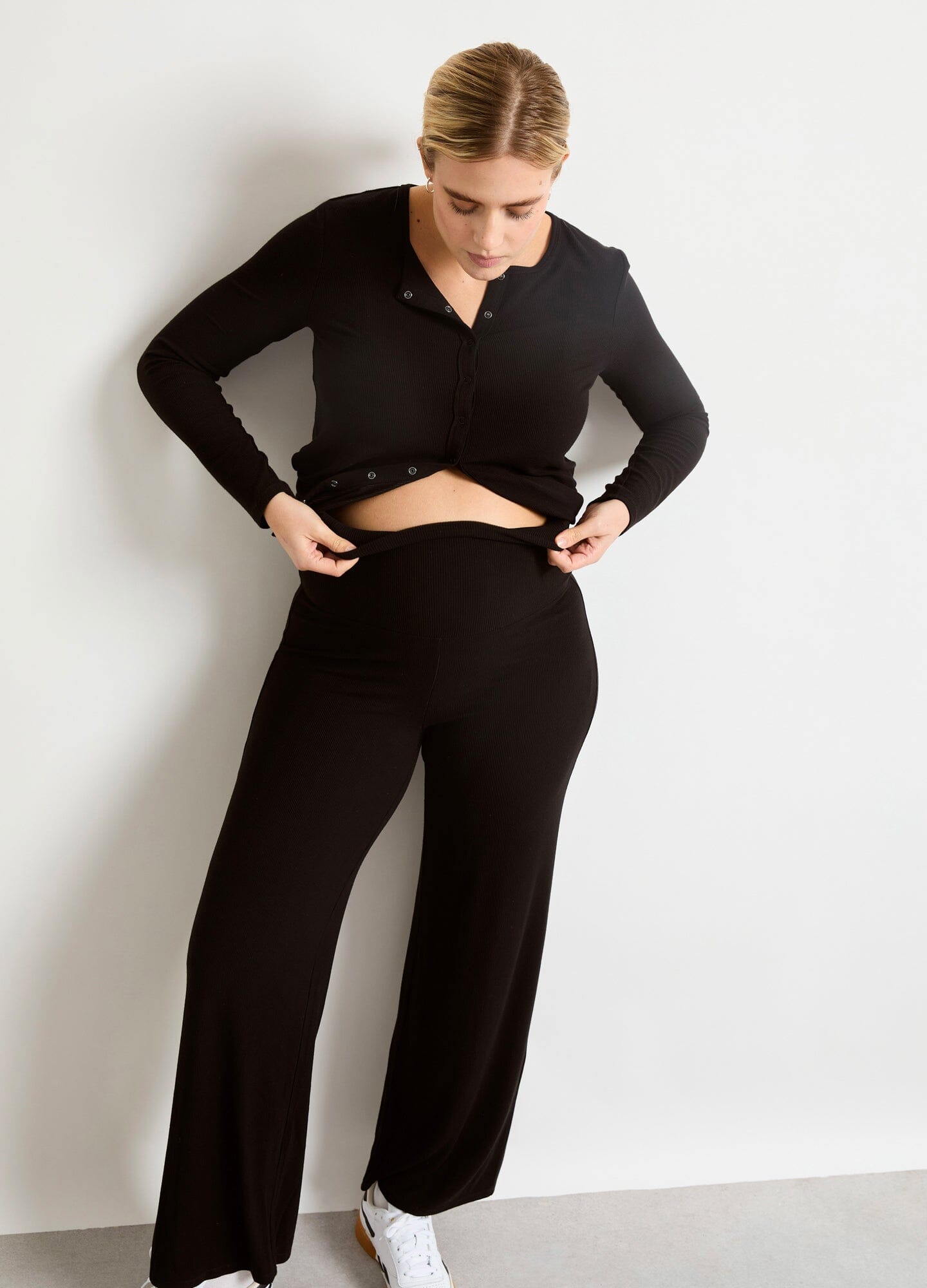The Softest Rib Over Under Relaxed Pant - Black ribbed maternity over-under relaxed pants with stretchy waistband for nursing and postpartum comfort.