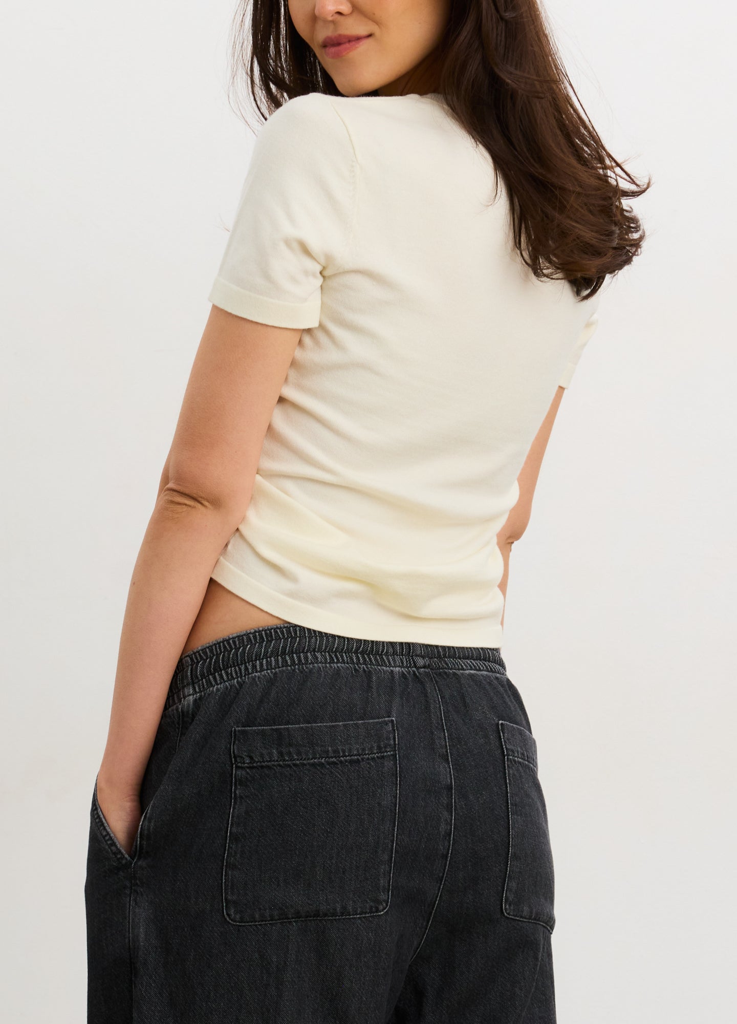 The Softsculpt Knit Tee - Ivory soft knit maternity tee with short sleeves, crew neck, and stretchy fit for pregnancy, nursing, and postpartum.