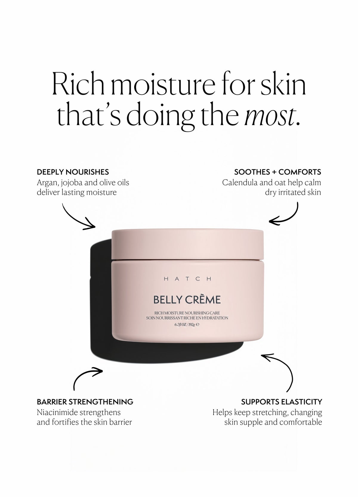 Creamy light pink jar with black screw lid labeled Belly Crème for maternity skin care.