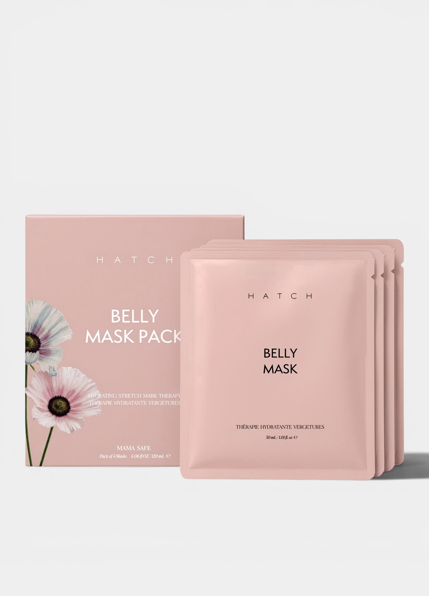 Matte pink belly mask pack box with matching individual sachets, featuring minimalist black text and floral accents,.