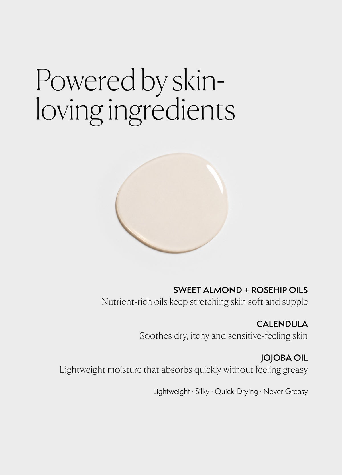 Single beige oil droplet on white background labeled with natural ingredients and skin benefits text.
