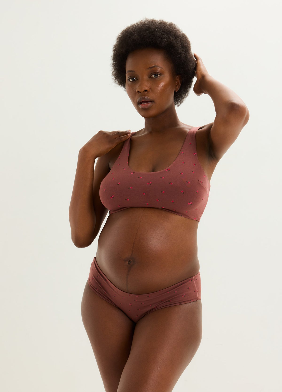 Maternity ribbed cotton blend bra and brief set in dusty rose with supportive fit.