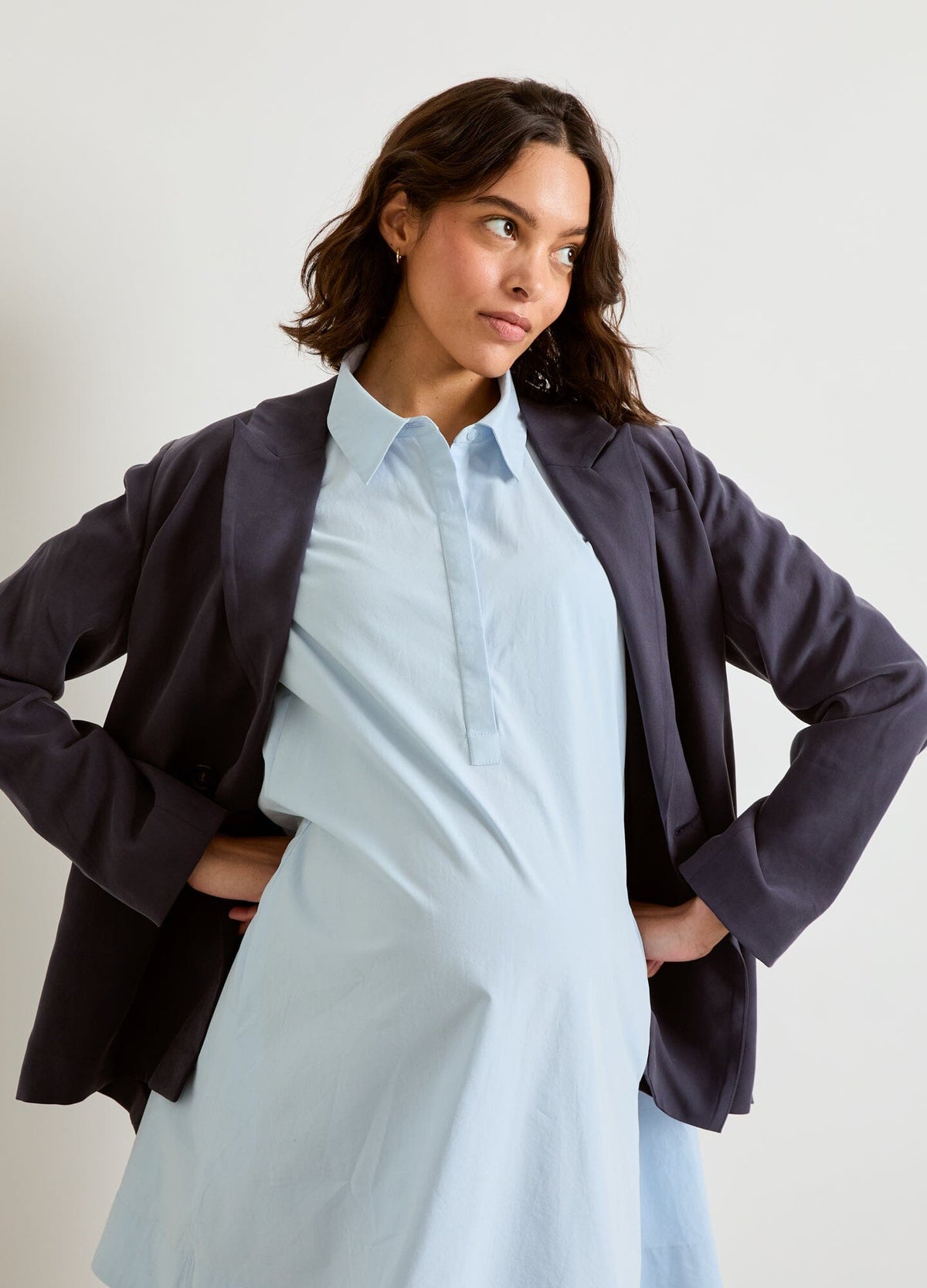 The Soft Tailored Twill Blazer - Slate blue soft tailored twill blazer with relaxed fit and button closure, styled for maternity, nursing, and postpartum.