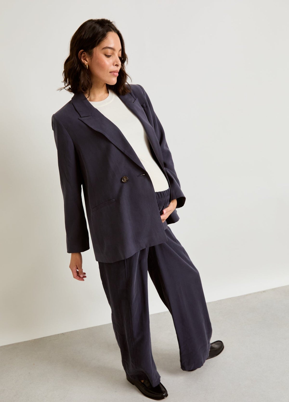 The Soft Tailored Twill Blazer - Slate blue soft tailored twill blazer with relaxed fit and button closure, styled for maternity, nursing, and postpartum.