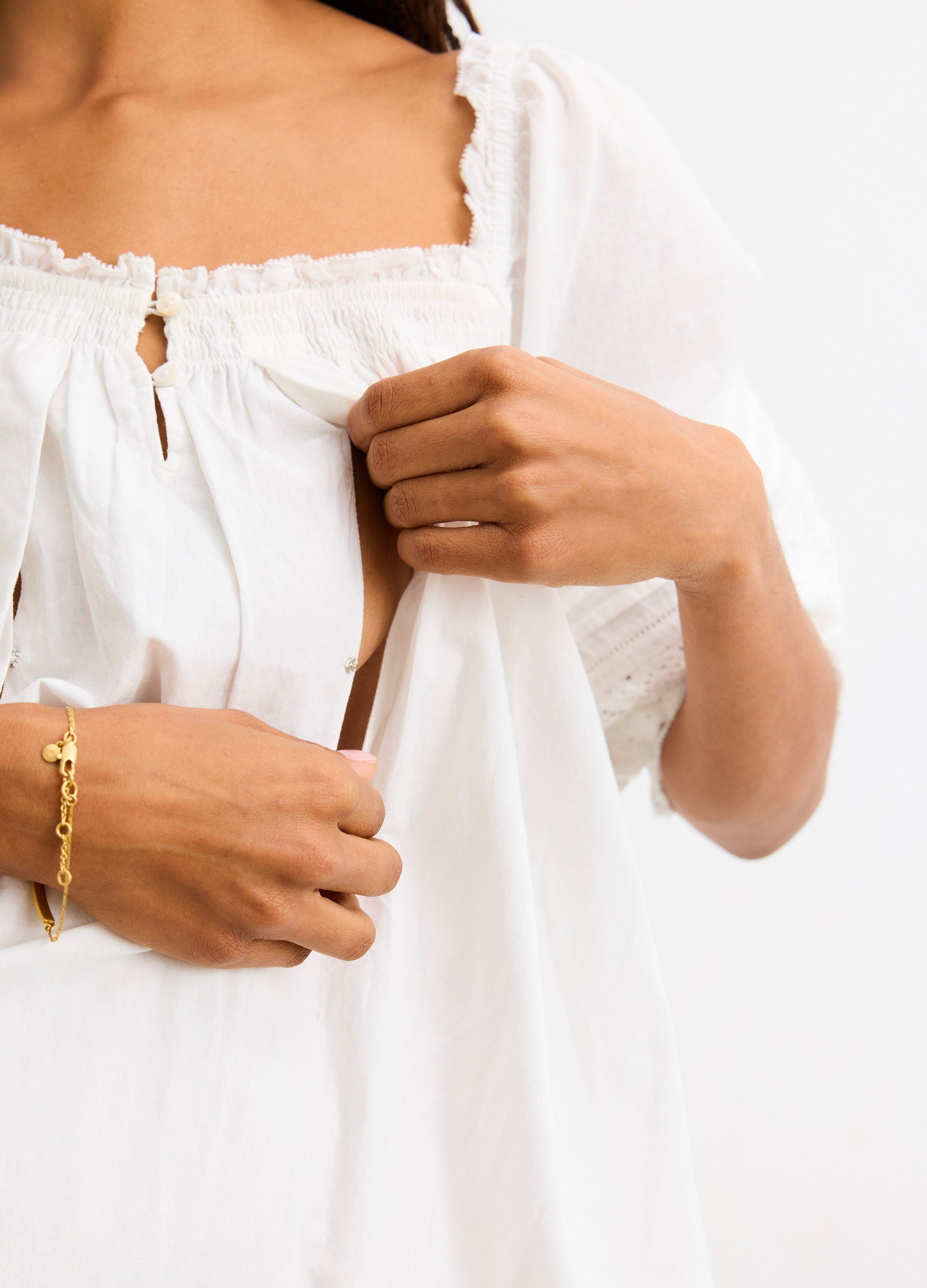 The Lottie Secret Nursing Mini Dress - White nursing mini dress with puff sleeves and delicate lace trim, designed for maternity and postpartum wear.