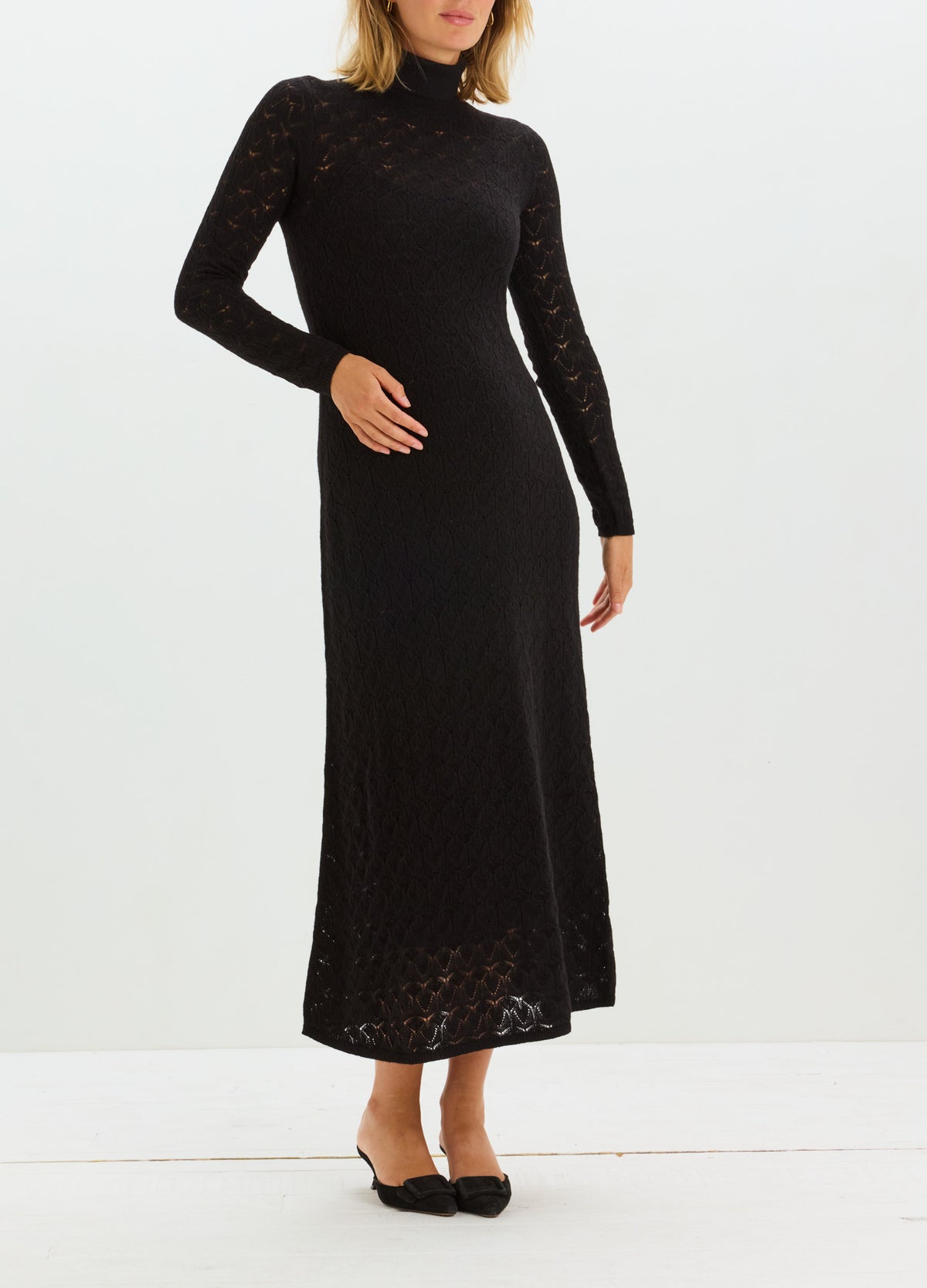 Black long-sleeve maternity maxi dress with a high neck and delicate pointelle lace panels.