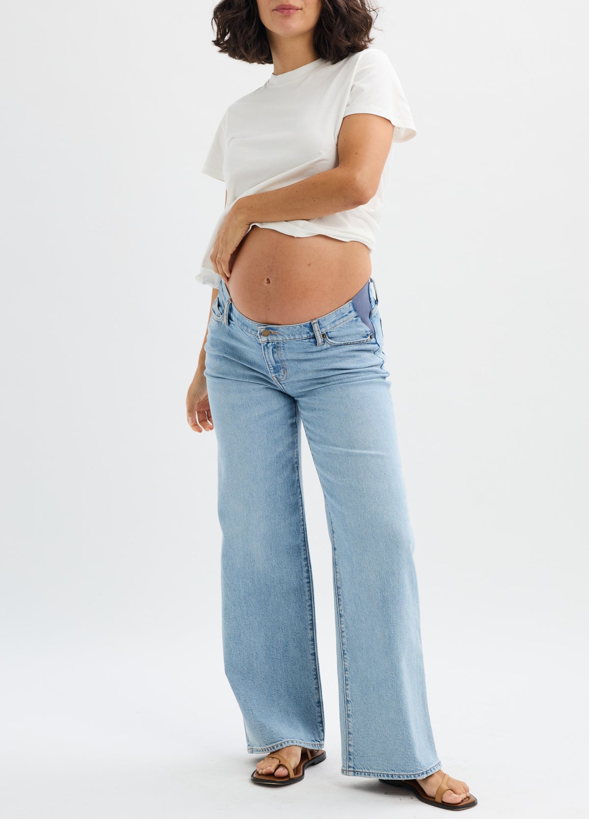 Light blue wide-leg maternity jeans with a relaxed fit and adjustable waistband over the belly.