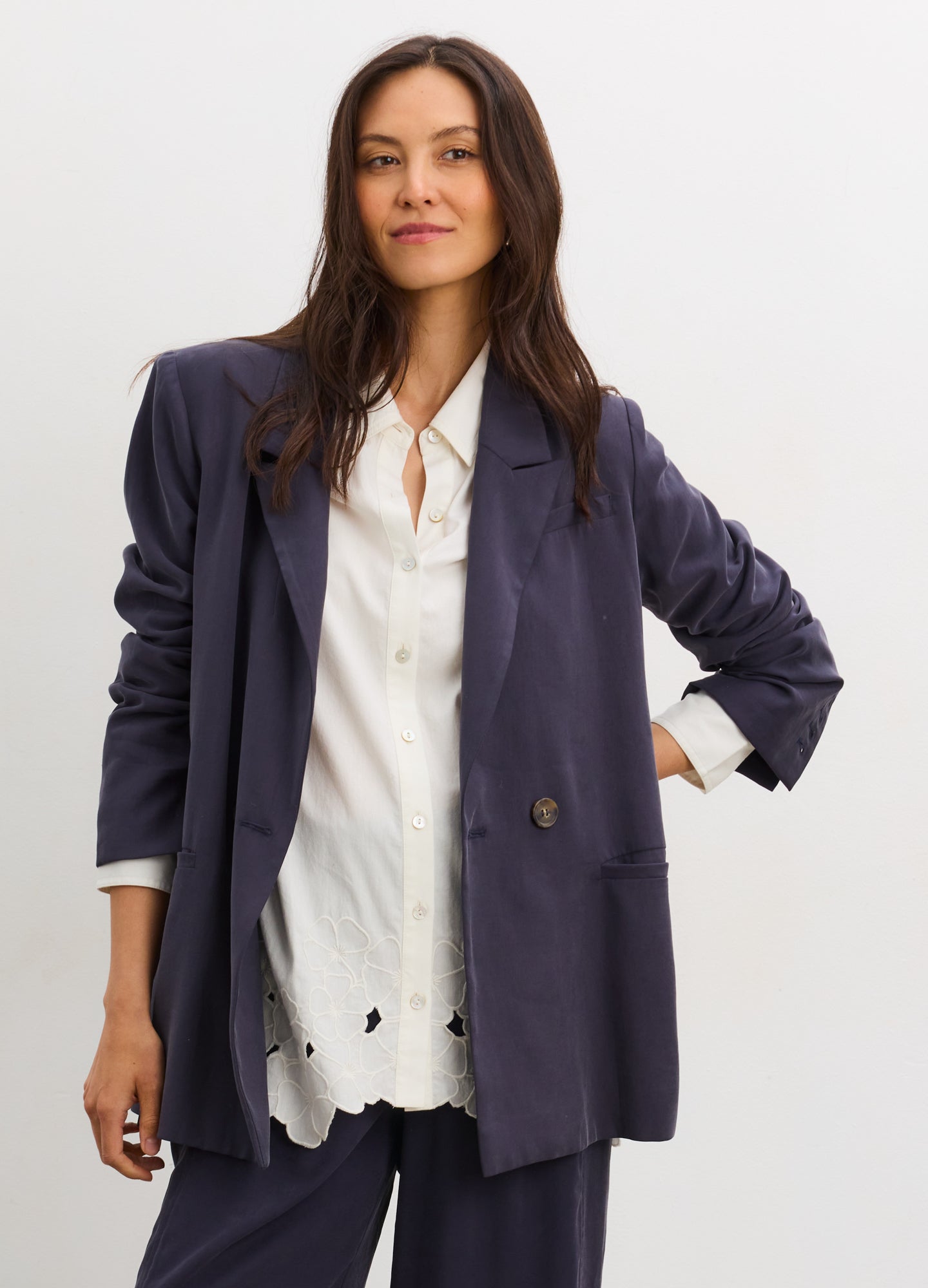 The Soft Tailored Twill Blazer - Slate blue maternity blazer with tailored fit, designed for pregnancy, nursing, and postpartum wear.