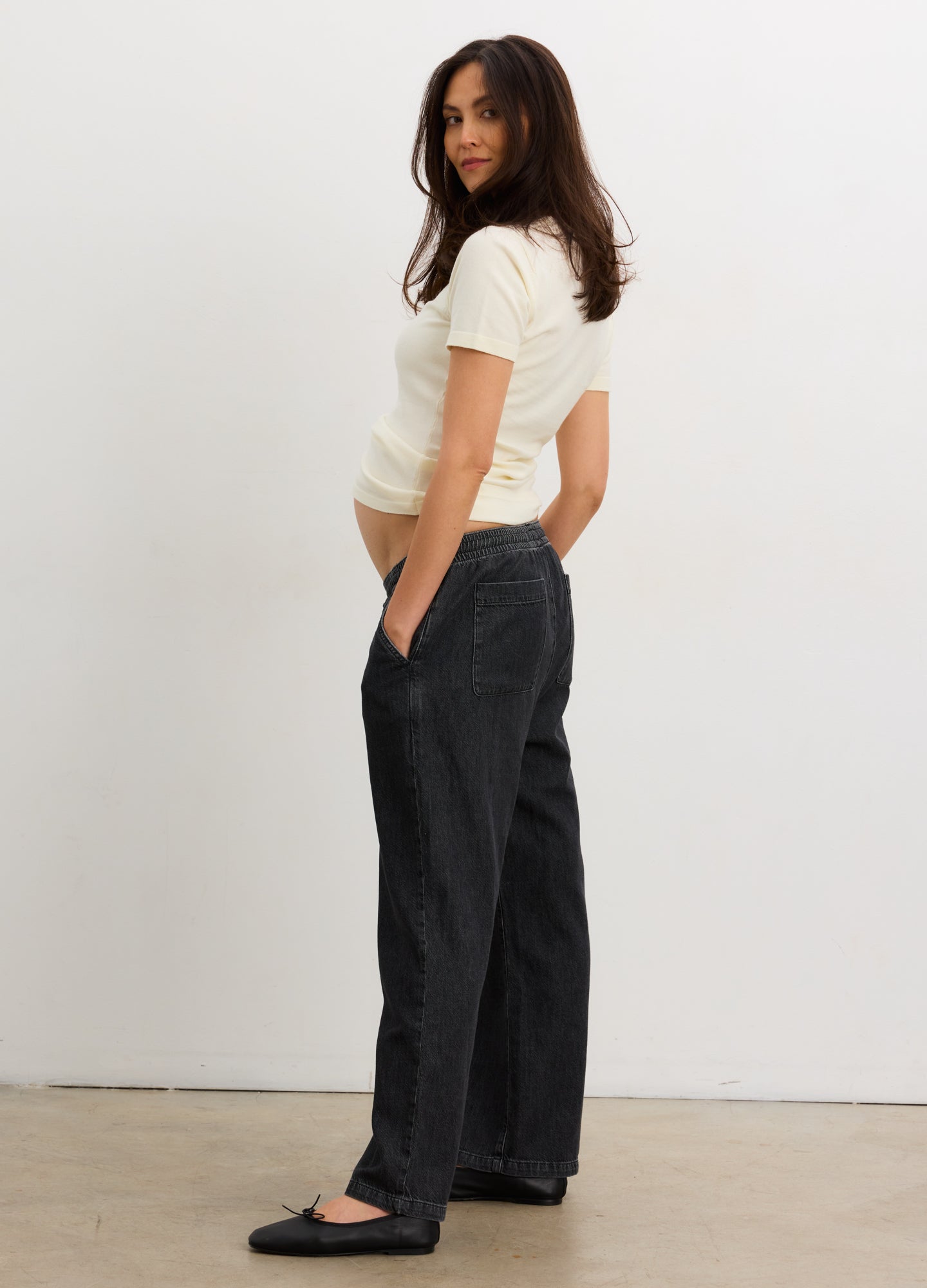 The Softsculpt Knit Tee - Ivory soft knit maternity tee with short sleeves, crew neck, and stretchy fit for pregnancy, nursing, and postpartum.