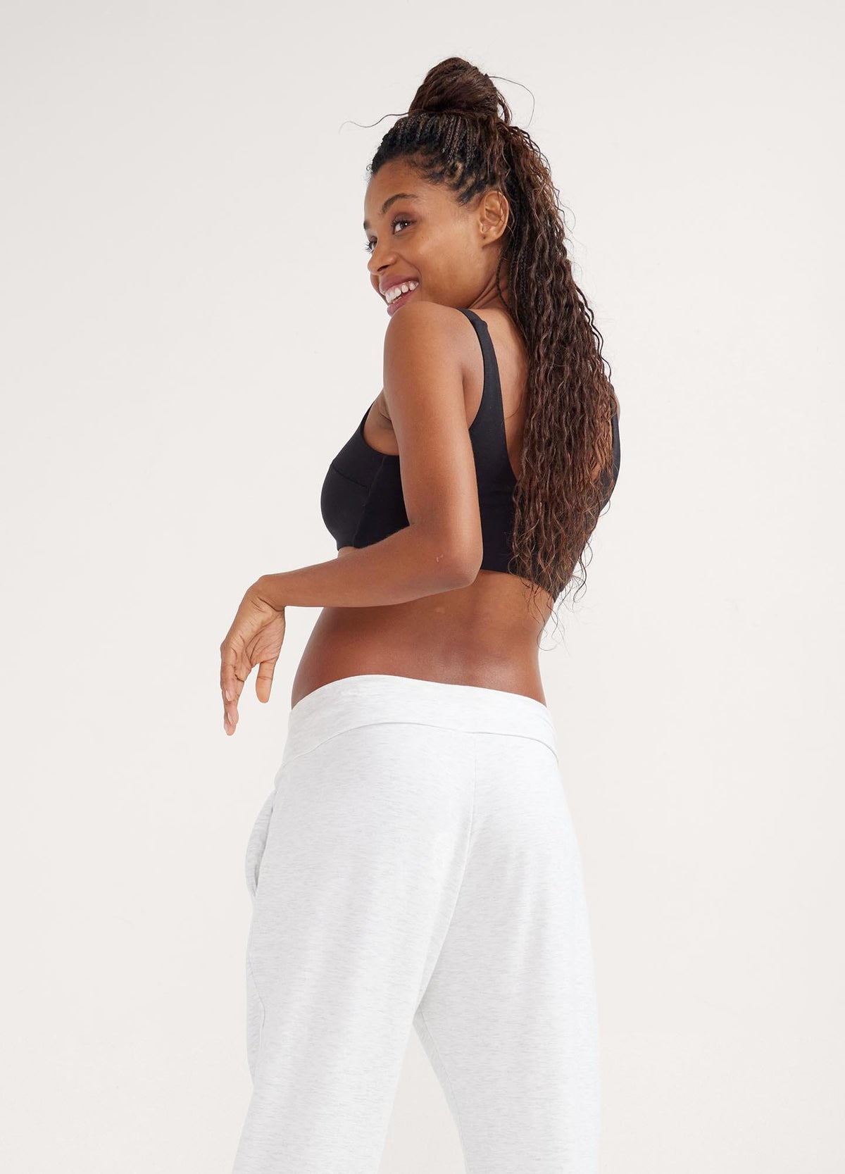 The Indoor Outdoor Jogger - Oat melange maternity joggers with soft elastic waistband and tapered ankle for pregnancy, nursing, and postpartum.