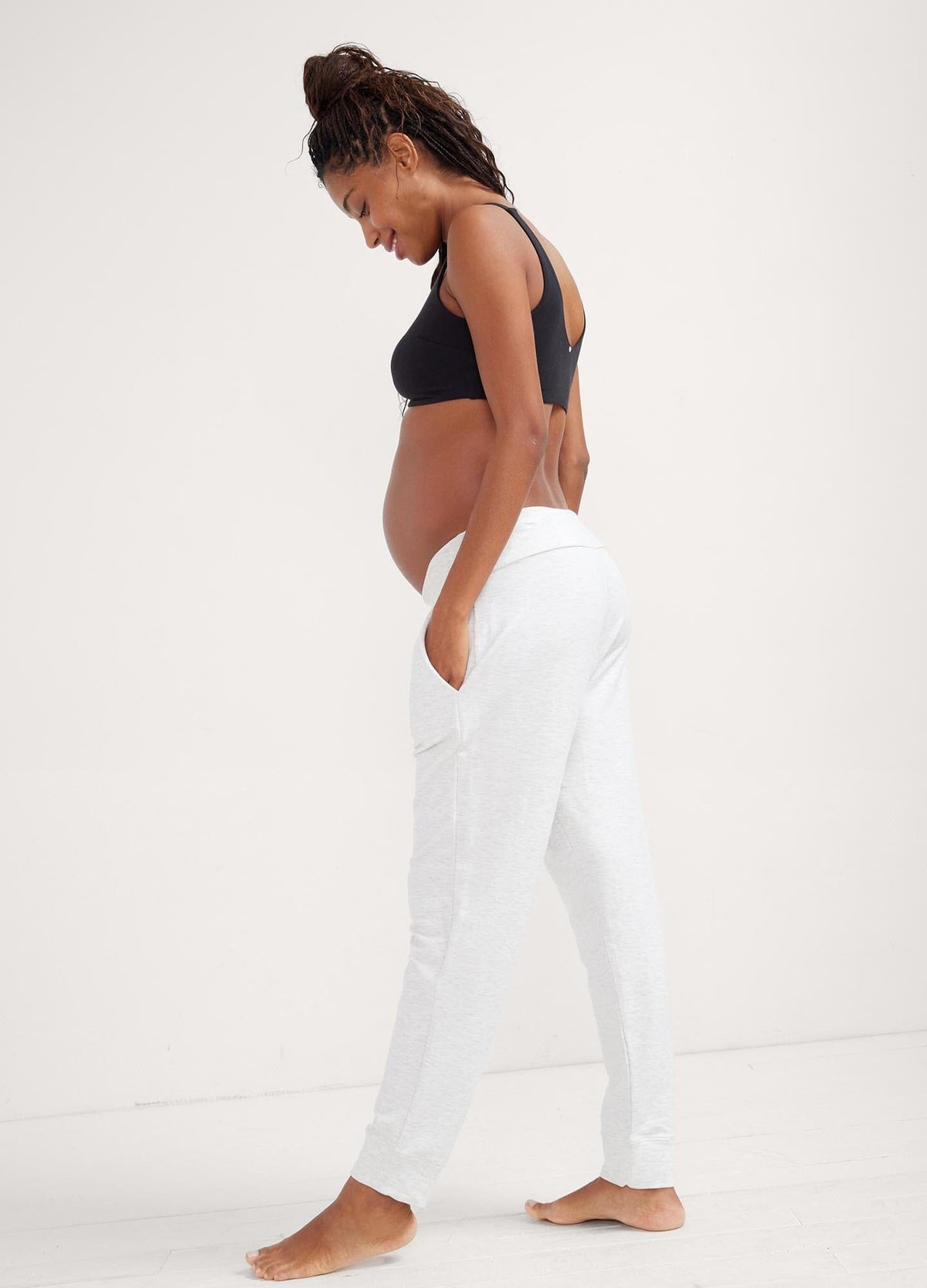 The Indoor Outdoor Jogger - Oat melange maternity joggers with soft elastic waistband and tapered ankle for pregnancy, nursing, and postpartum.
