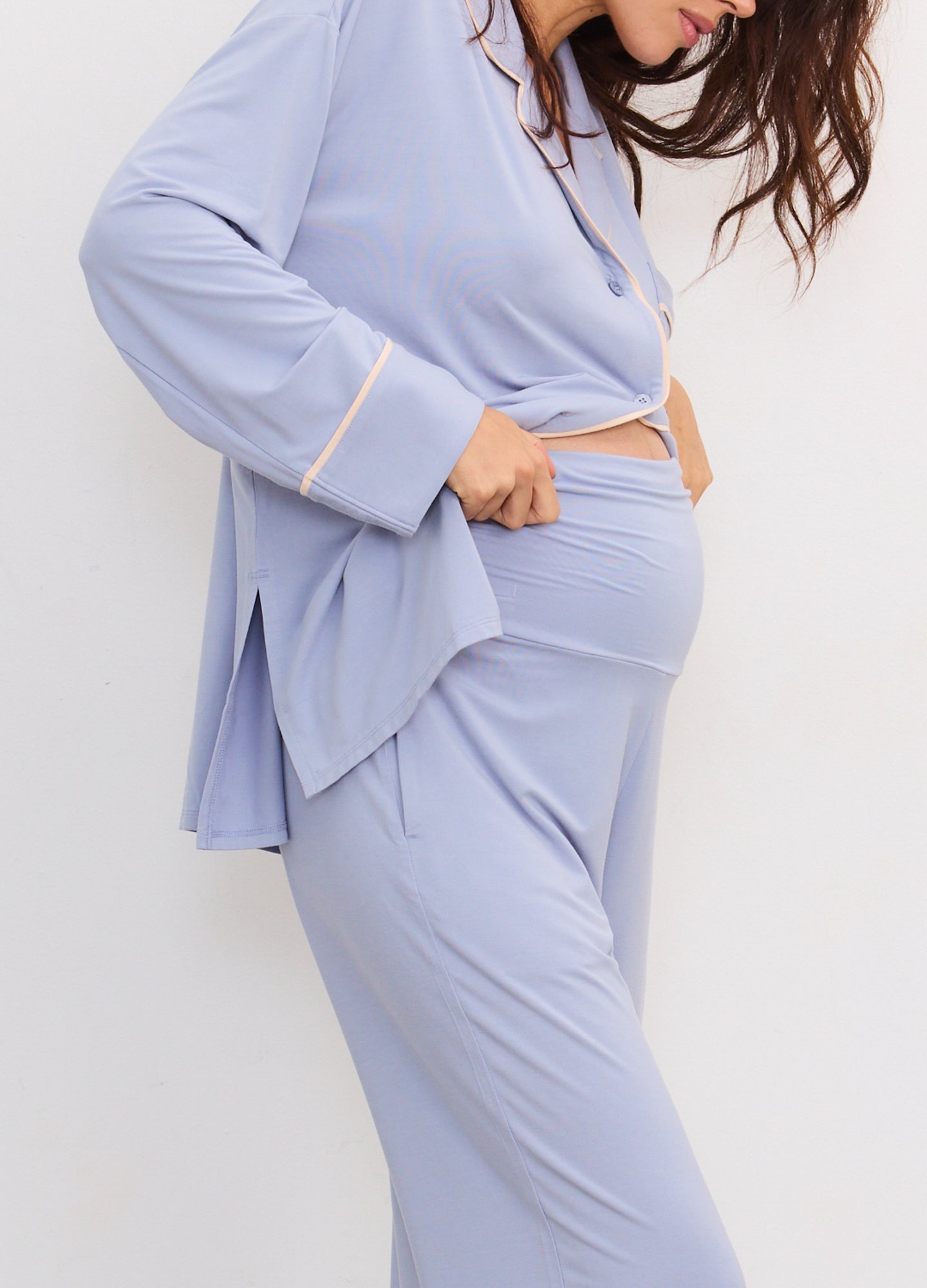 Light blue soft jersey maternity pajama set with long sleeves and relaxed fit designed for pregnancy comfort.