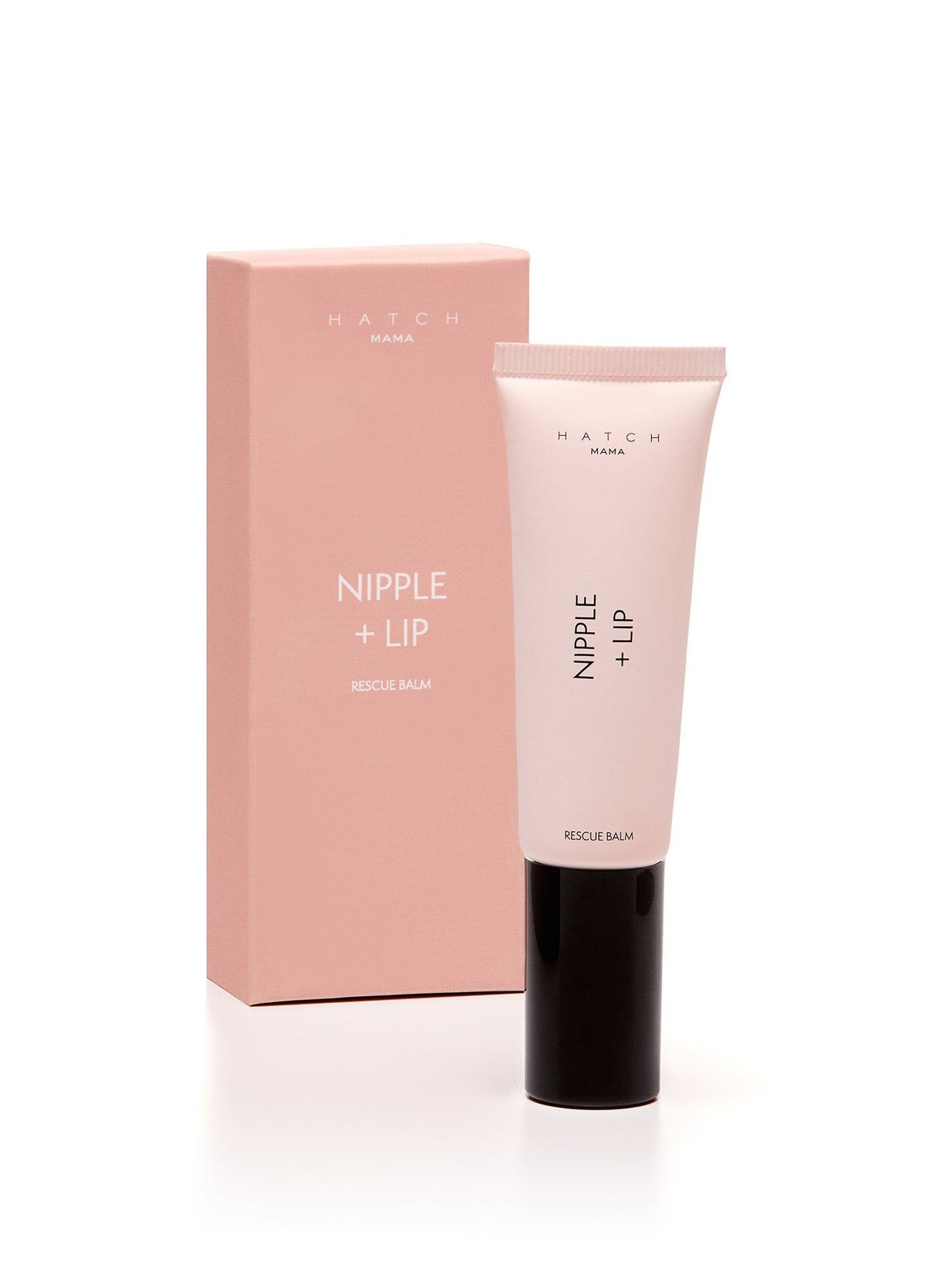 Nipple + Lip Rescue Balm - Nipple + Lip Rescue Balm in soft pink tube with black cap beside matching box, designed for maternity, pregnancy, nursing,.