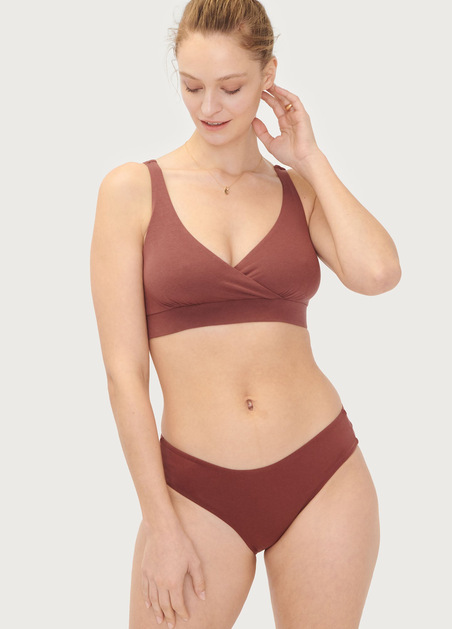 The Everyday Brief - Soft seamless maternity nursing bra and matching briefs in warm anise color designed for pregnancy and postpartum comfort.