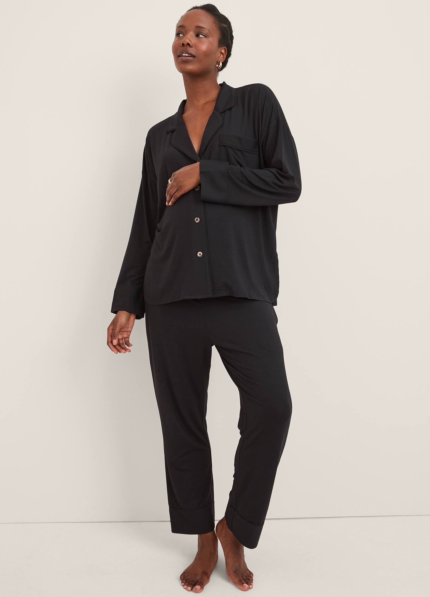 The Ultra Soft Jersey PJ Set - Black ultra soft jersey maternity nursing pajama set with button-up top and relaxed pants.